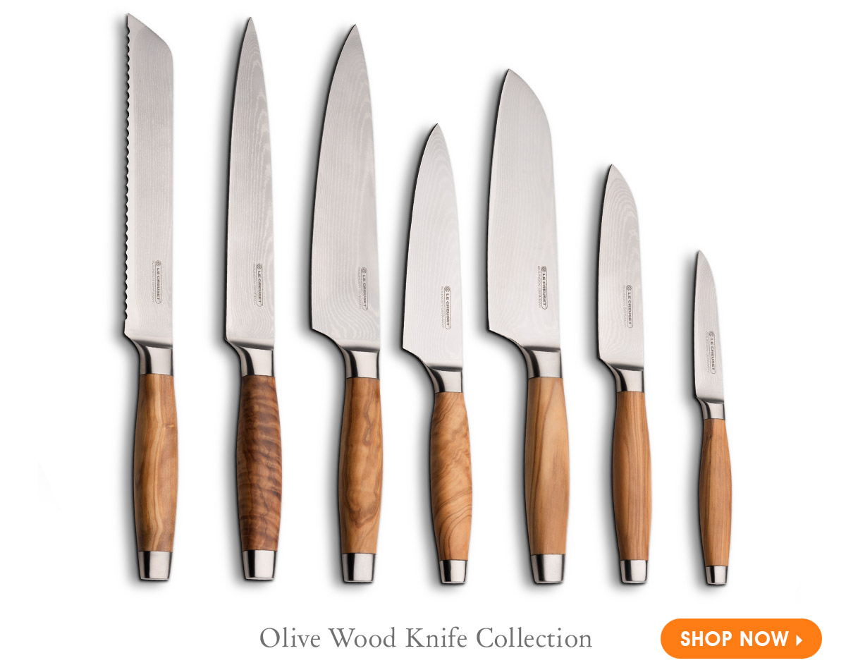 Le Creuset Italian Olive Wood, Damascus Steel Santoku Knife