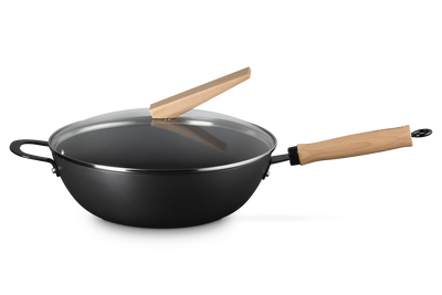Le Creuset Carbon Steel Wok with Glass Lid & Wooden Handle 30cm