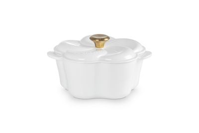 Le Creuset Cast Iron Floral Casserole 20cm with Gold Knob White