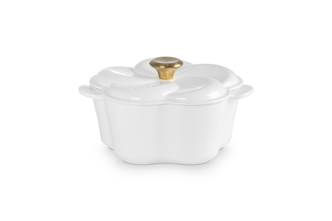 Le Creuset Cast Iron Floral Casserole 20cm with Gold Knob White image number 1