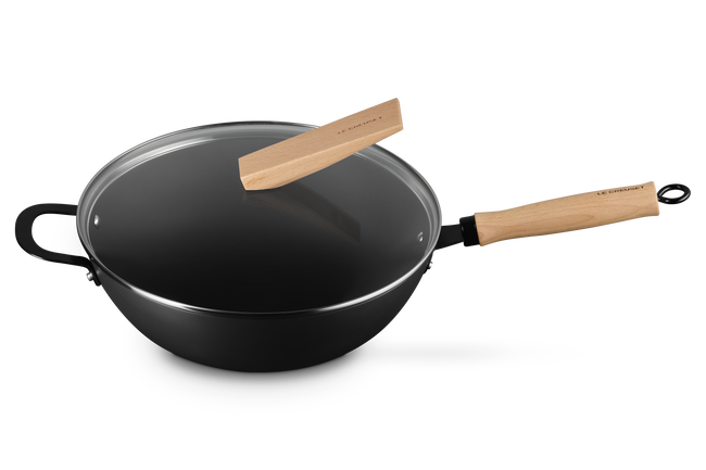 Le Creuset Carbon Steel Wok with Glass Lid & Wooden Handle 30cm image number 2