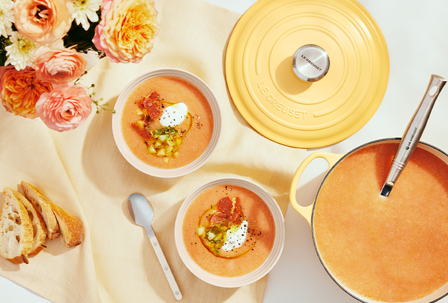 Cold Sweet Melon and Cucumber Soup with Prosciutto Chips