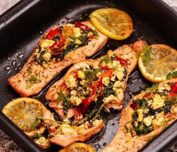 Baby Spinach and Feta Stuffed Salmon in ovenware