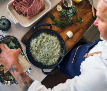 Franck cooking with Le Creuset Alpine Outdoor Collection
