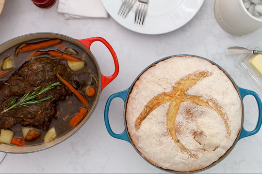 bread in a round oven, pot roast in an oval