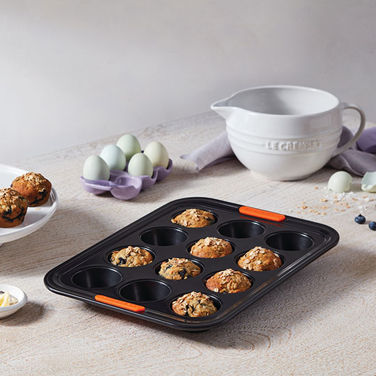 blueberry muffins in a nonstick muffin pan