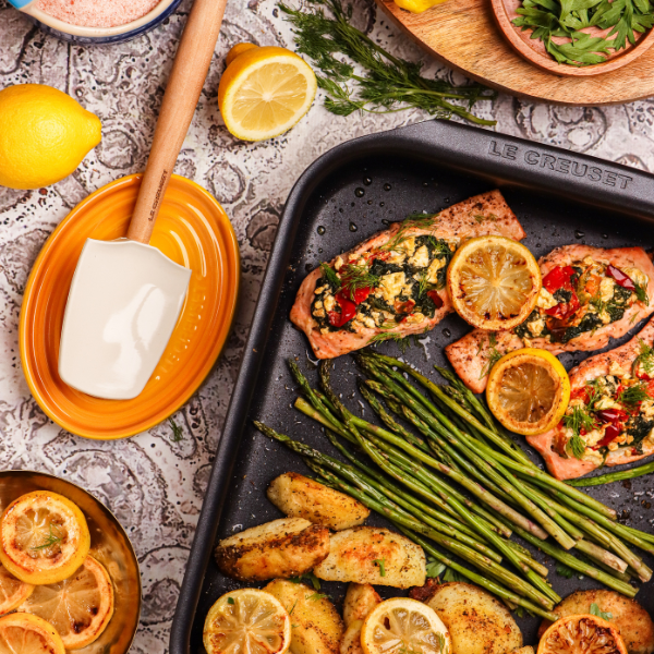 Baby Spinach and Feta Stuffed Salmon in oven tray