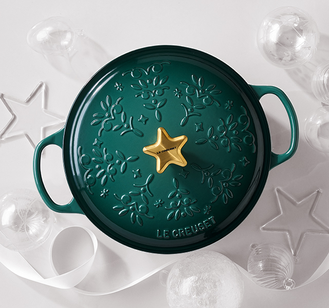 Green Casserole with Christmas tree inspired pattern embossed on the lid and a gold, star-shaped knob