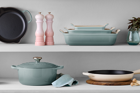 assorted cookware on shelves