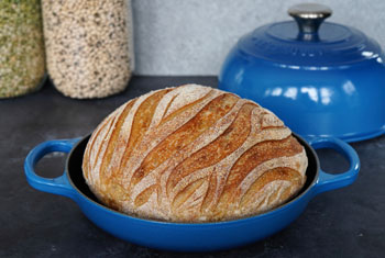 decorated bread in a blue bread oven