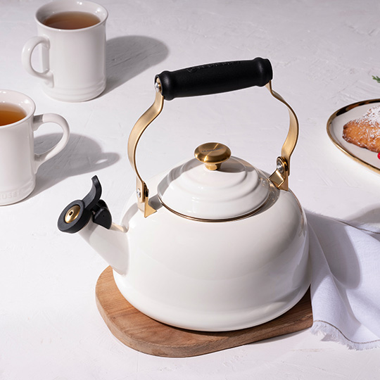 White Whistling TeaKettle with Gold Knob