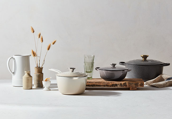 grey and off-white cookware