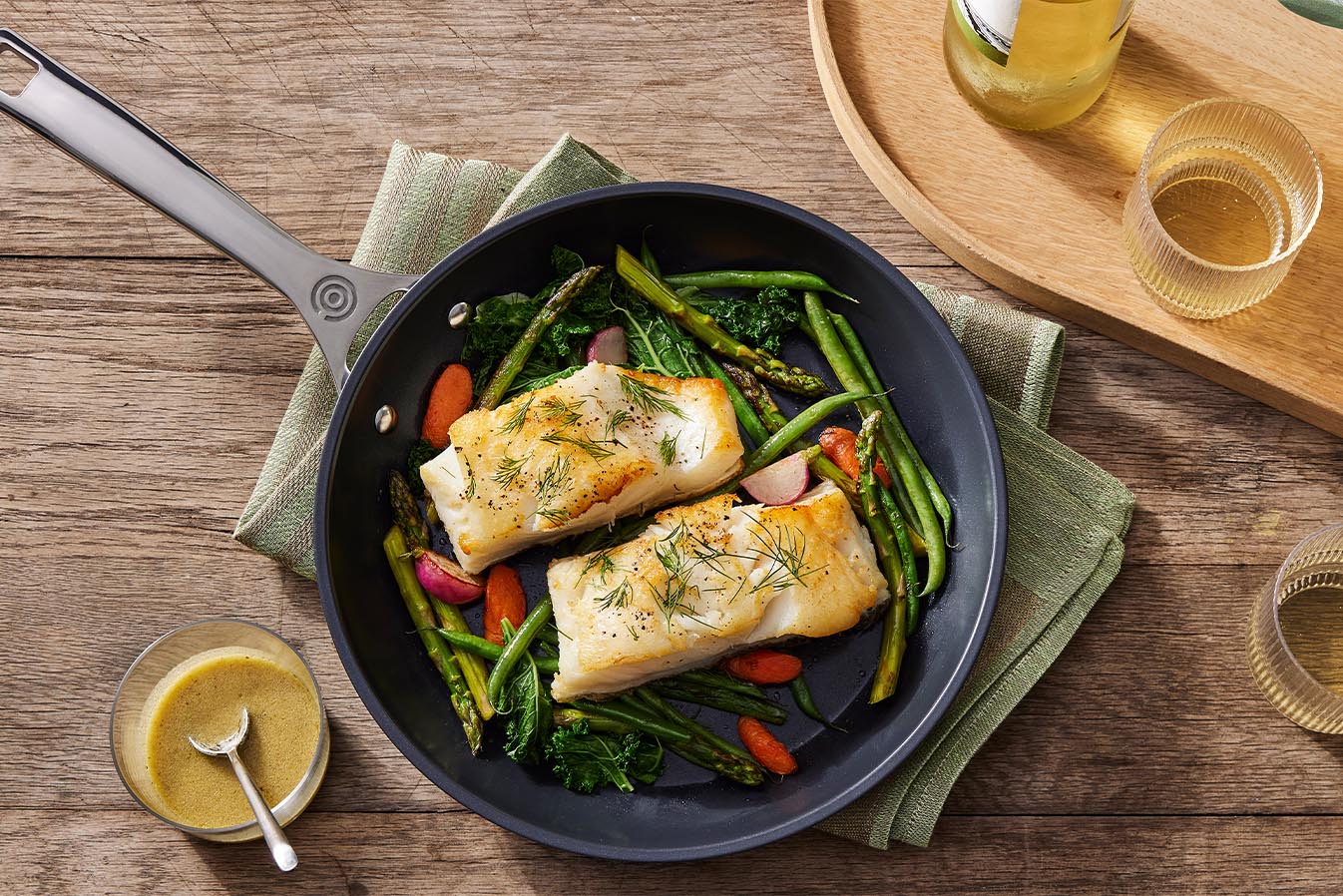 Seared Fish with Lemon Mustard Pan Sauce made in a Le Creuset Essential Non-Stick Ceramic Frying Pan