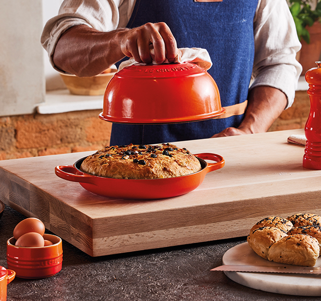 dessert bread in a cast iron bread oven