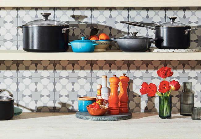 turquoise and orange items on a shelf