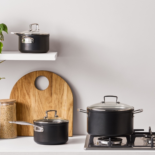 two nonstick fry pans on a counter
