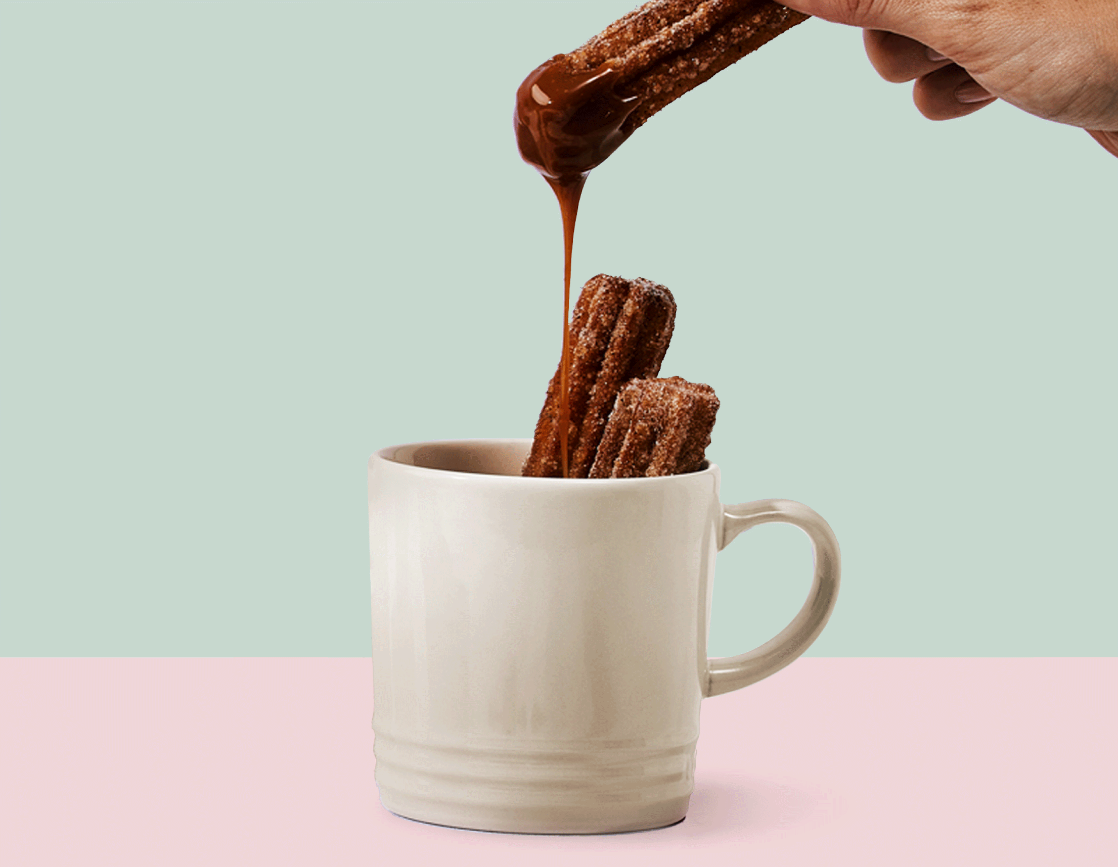 Churros with Caramel Sauce made in the Le Creuset Sorbet Collection 100ml London Espresso Mug