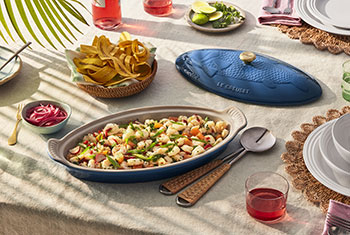 blue fish baker filled with ceviche