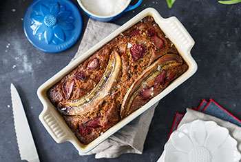 sweet bread baked with banana and strawberry on top