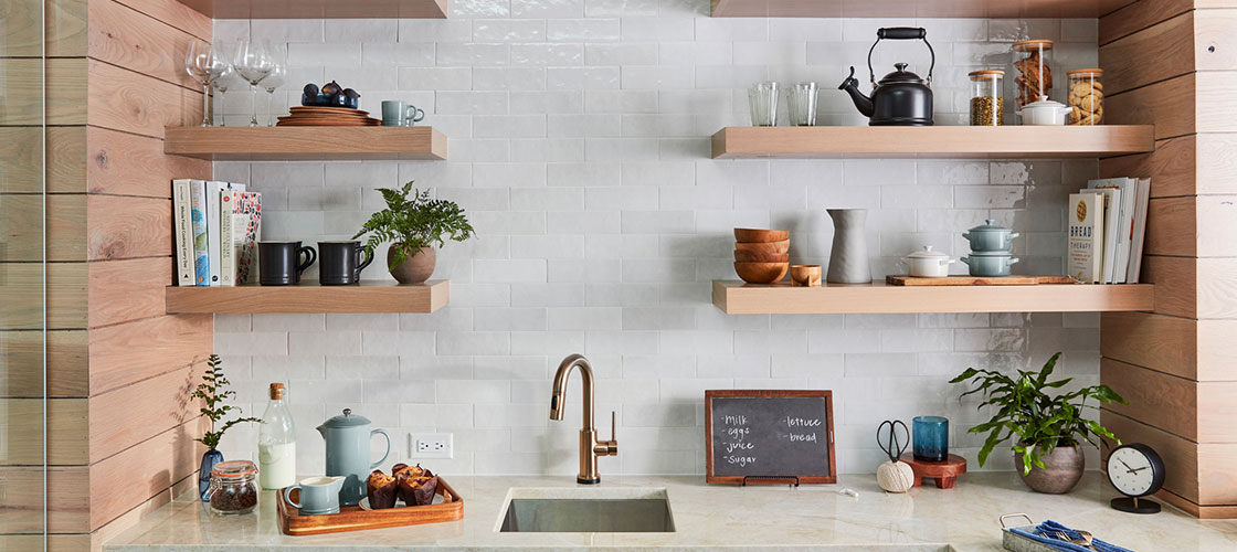 simple but elegant kitchen with open wood shelves