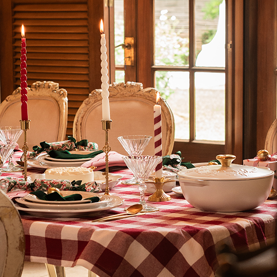 table setting with Le Creuset