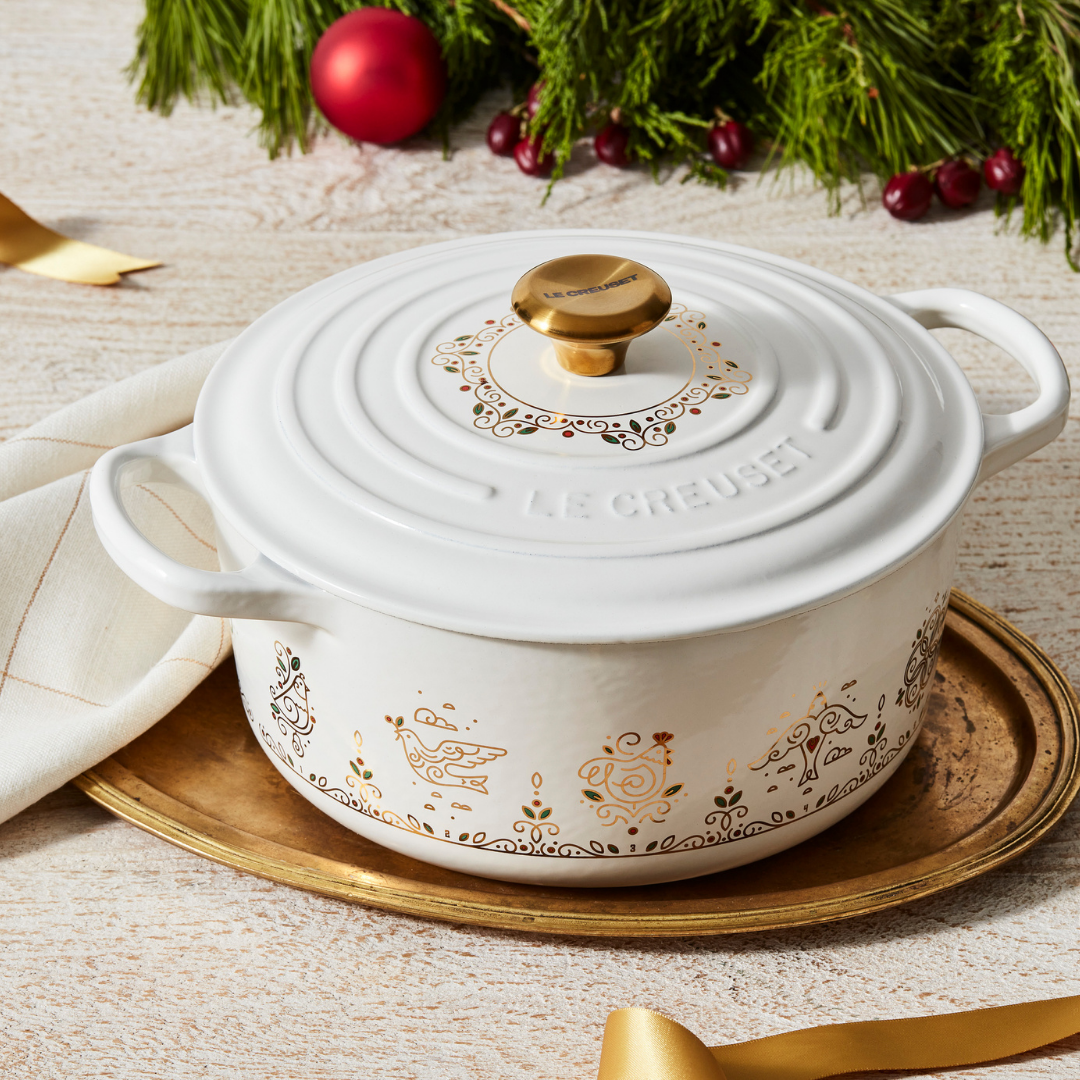 green Casserole with Christmas tree inspired pattern embossed on the lid and a gold, star-shaped knob