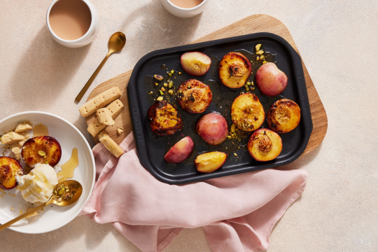 ovenware with peaches