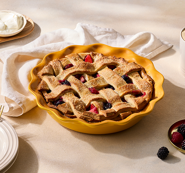 blue pie dish with ruffled edges