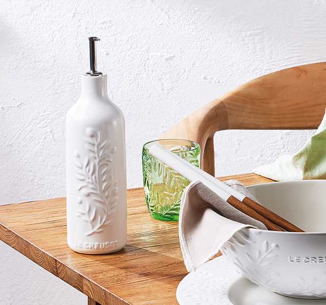 colorful collection of items with embossed olive branch patterns