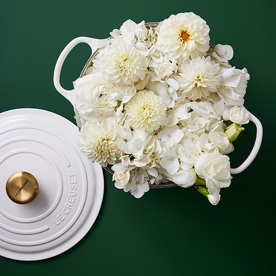 Signature White Round Casserole filled with flowers