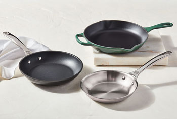 skillets on a counter