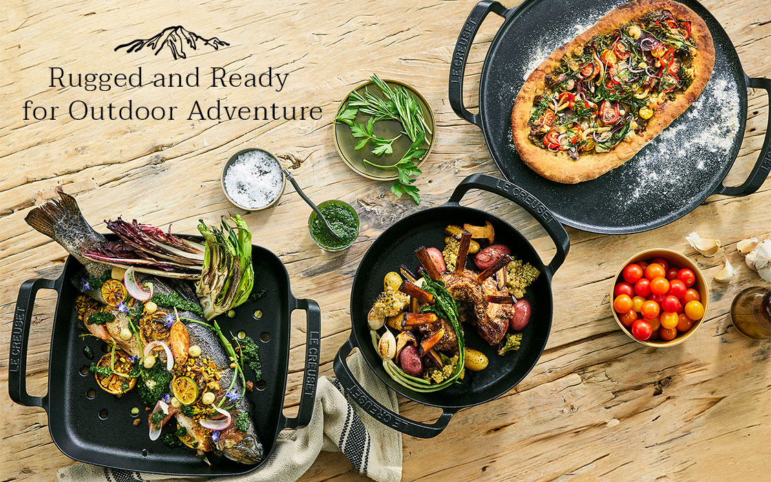 overhead shot of the collection with text that reads 'Rugged and ready for outdoor adventure'