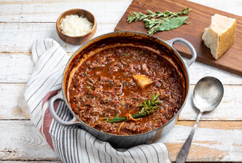 meat sauce in a braiser