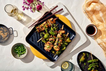 kebabs on a square grill pan