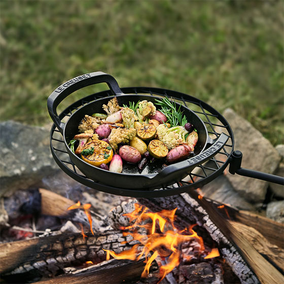 alpine skillet cooking veggies over an open fire