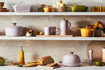 shelves of colorful cookware