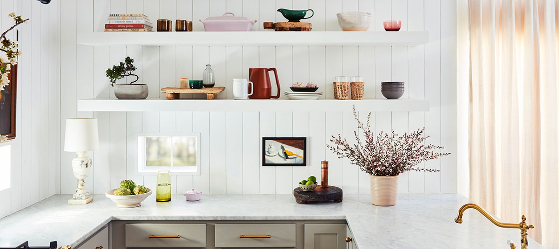 modern minimalistic kitchen with open shelving