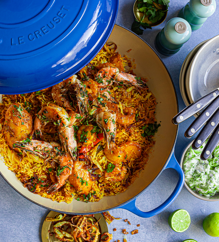 Prawn Biryani with Lime and Crispy Onions