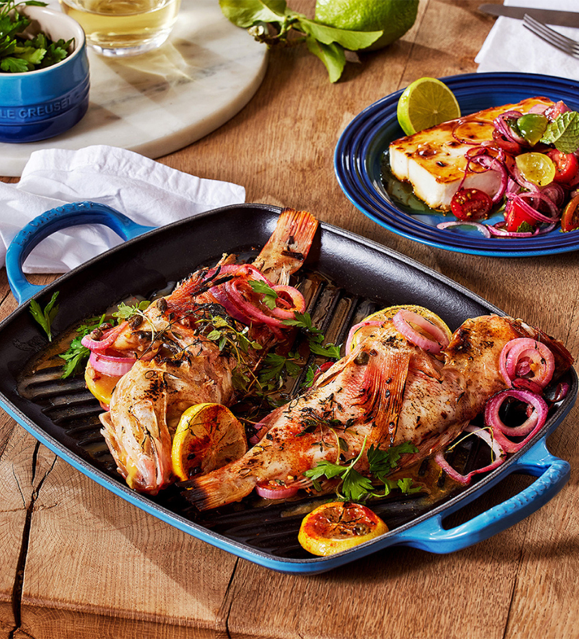 Grilled Fish Stuffed with Lemon, Capers, and Herbs