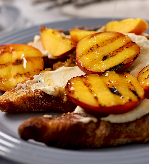 Cinnamon Sugar Croissant French Toast with Honey Peaches & Mascarpone Yoghurt