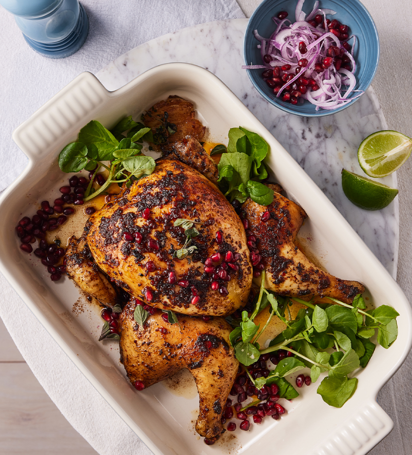 Roast Harissa and Pomegranate Spatchcock Chicken