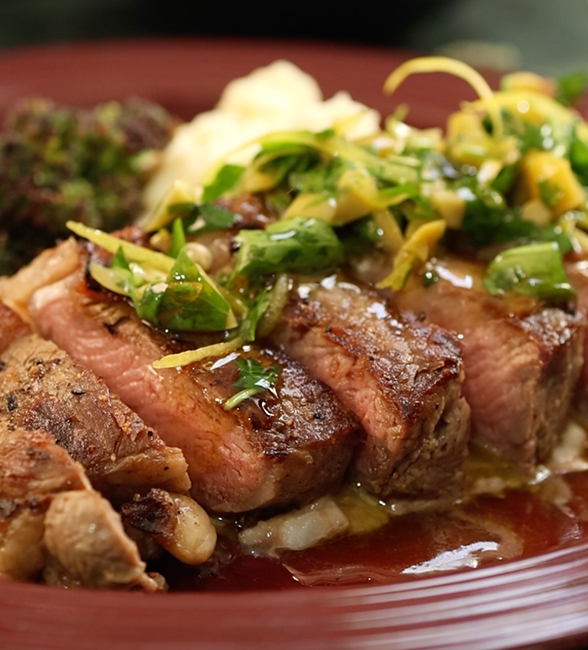 Black Garlic Mash with Pan-Seared Steak