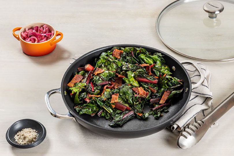 Smoky Braised Swiss Chard with Crispy Bacon and Pickled Onions