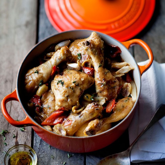 Chicken Casserole with green olives, red peppers and thyme | Le Creuset ...