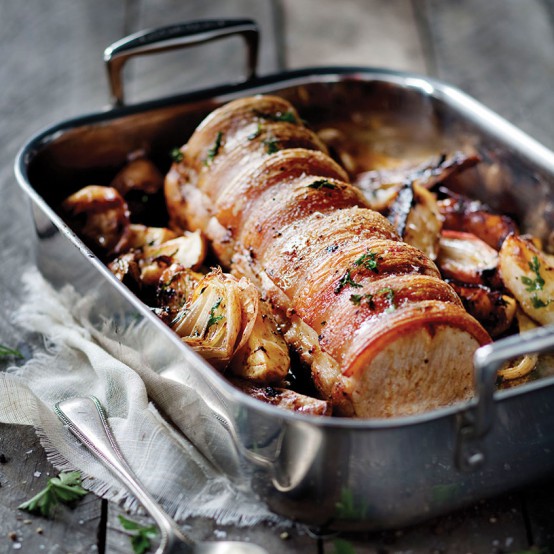Roast Pork Neck with Apples, Shallots and Potato Wedges 