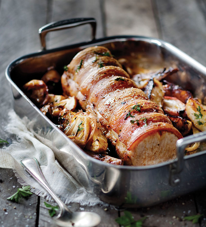 Roast Pork Neck With Apples Shallots And Potato Wedges Le Creuset Recipes